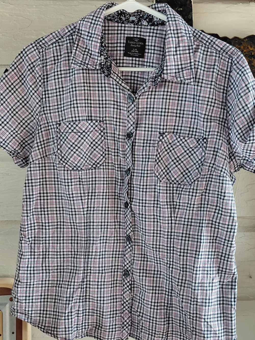 Faded Glory Men's Short-Sleeve Pink Plaid Button-Up Shirt